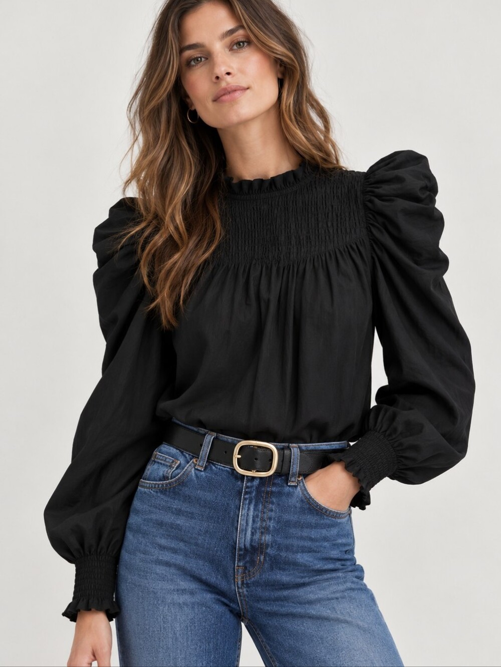 NWT Cleobella Irina Black Puff Bishop Sleeve Smocked Pintucked Blouse Small